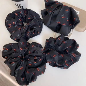 Chouchous Style Coréen Noir Imprimé Cerise Anneaux de Cheveux en Mousseline Grandes Pinces à Cheveux Nœud Mode Femme