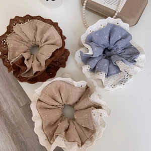 French Vintage Lace Scrunchie Large Fabric Hair Ties For Women Cotton Linen Splicing Polka Dot Plaid Hair Accessories