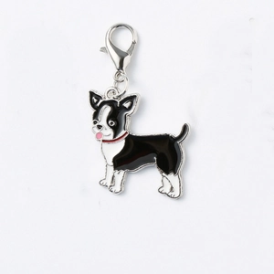 Detail of Boston Terrier enamel pendant with red collar and silver lobster clasp