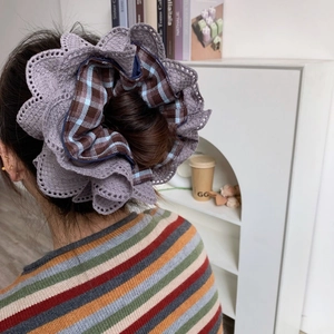 Lace layered scrunchie with purple petals and plaid patterns for elegant hair styling
