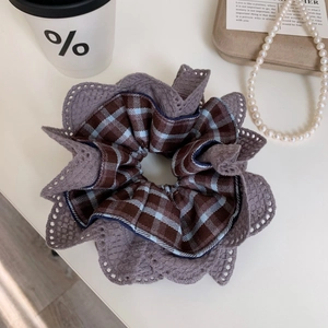 Lace layered scrunchie with purple crochet edges and blue plaid fabric detail
