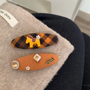 Barrette à Cheveux en Tissu Poney à Carreaux Gingham Orange Mignonne Accessoire en Strass Fait Main pour Femme