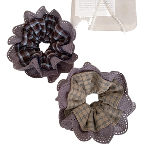 Set of two plaid scrunchies with purple lace trim in vintage and elegant style