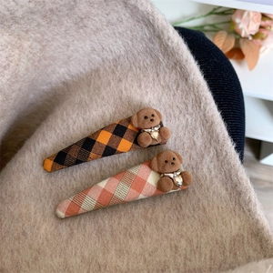 Barrettes à cheveux à carreaux avec ours en peluche et cristal en forme de cœur