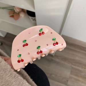 Pince à Cheveux en Acétate Rose Doux Style Coréen Avec Motif Cerise en Strass Élégant Accessoire de Cheveux pour Femmes