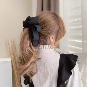 Elegant multi-layered black satin bow banana clip hair accessory for women ponytail