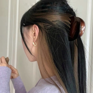 Close-up of elegant chocolate acetate hair claw and gold earring worn by a model