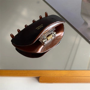 Detail of tortoiseshell hair claw with gold Barrette La France logo and reflection