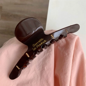 Detail view of large brown hair claw clip with golden Barrette La France lettering