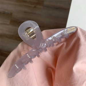 Détail d'une pince à cheveux en acétate gris avec strass et lettrage doré Barrette La France