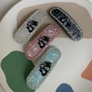 Cute Cat Pattern Acetate Hair Clip With Rhinestone Decorative Side Clip Marble Texture Hairpin For Women Girls Accessories