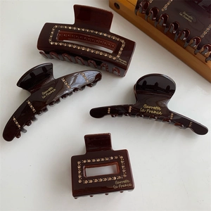 Macro detail of brown tortoiseshell hair clips with gold studs and French lettering