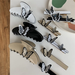 French Vintage Butterfly Hair Clips For Women Elegant Resin Hair Claws Black White Beige Butterfly Pattern Barrettes Jewelry