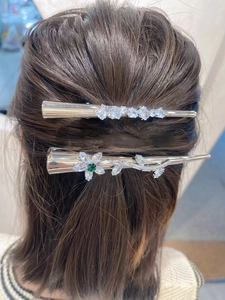 Gros plan de barrettes argentées élégantes avec zircons blancs et pierres vert émeraude