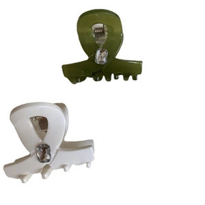 Satin ribbon style acrylic hair claw clips with crystal stone in green and cream white