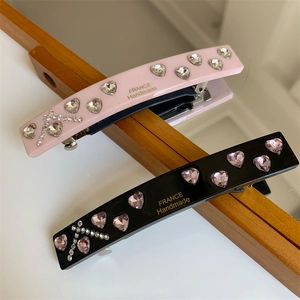 French Handmade Heart Rhinestone Acetate Hair Clip Letter R Pattern Spring Clip Elegant Hair Accessories For Women Barrettes