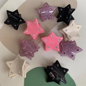 Mini star hair clips with rhinestones in black, pink, cream, and glitter purple set