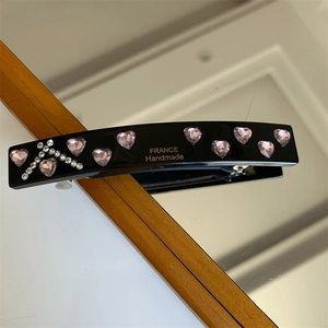 Elegant black hair clip with pink crystal hearts and letter A, French handmade style
