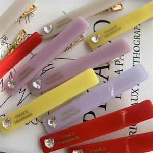 Colorful acetate hair clips with heart rhinestone and gold France Handmade lettering