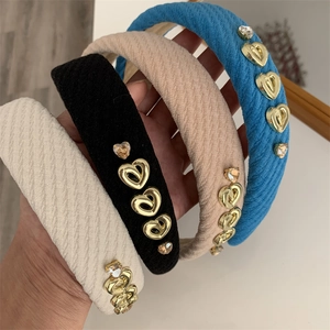 Niche Design Heart Rhinestone Padded Headband For Women Vintage Grid Pattern Hair Hoop Autumn Winter Fashion Hair Accessory