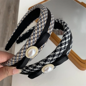 Vintage Houndstooth Padded Headband For Women Elegant Bow Faux Artificial Pearl French Sponge Hair Band Plaid Fabric Hair Accessories
