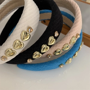 Elegant wide padded plaid headbands with metallic heart and crystal rhinestones in four colors