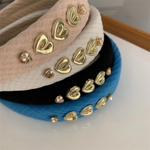 Chic heart-embellished corduroy headband set in pink, white, black, and blue colors