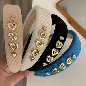 Luxe textured plaid headband with gold metal hearts and crystals in four colors