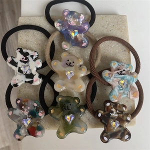 Cute cartoon bear hair ties set with heart-shaped rhinestones in 7 colorful patterns