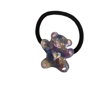 Cute purple marble bear hair tie with colorful heart rhinestone and elastic band