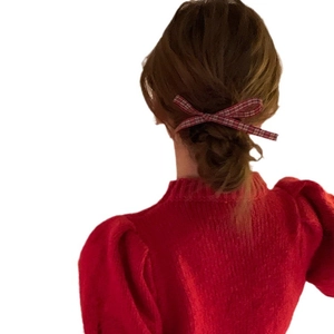 Red plaid bow hair tie for high ponytail on brunette hair with vintage style design