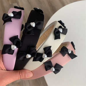 French Vintage Bow Heart Artificial Pearl Padded Headband For Women Sweet Satin Sponge Thickened High Crown Hair Band Hair Accessories