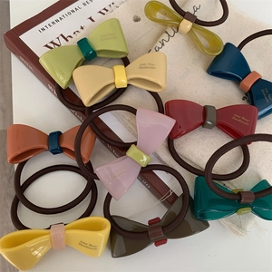 Set of colorful acetate bow hair ties with high elasticity and lettered resin accents