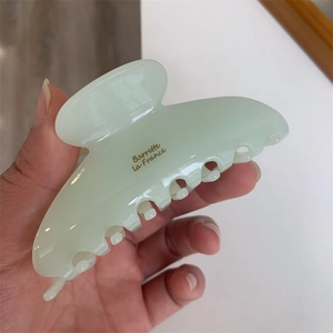 Détail d'une pince à cheveux vert clair avec texte doré et finition brillante élégante