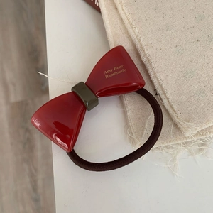 Elegant red acetate bow hair tie with gold handmade lettering and high elastic band