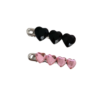 Fermagli per capelli a forma di cuore rosa e nero con cristalli e base in argento
