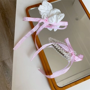 Koreanischer Stil Süße Rosa Karierte Schleife Haarschmuck Stoff Scrunchie Und Imitationsperle Entenschnabel Haarklammer Für Damen