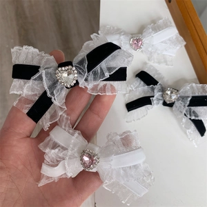 French Vintage Lace Ribbon Bow Hair Clip Heart Shaped Rhinestone Velvet Alligator Clip Women Girls Sweet Hair Accessories