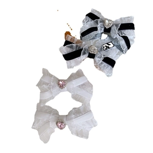 Lace bow hair clip set with heart-shaped diamond crystals for girls in French style