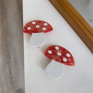 Handmade red and white mushroom acetate hair clips with marble texture for women