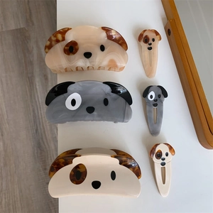 Cute Acetate Dog Face Hair Claw Clip For Women Cartoon Animal Patchwork Shark Clip Minimalist Grey Beige White Hair Accessories
