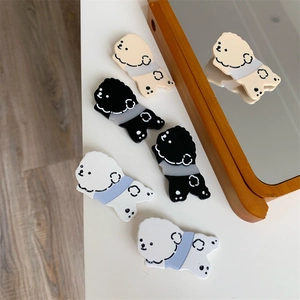Cute cartoon Bichon dog hair clips in white, black and beige with satin scarf detail