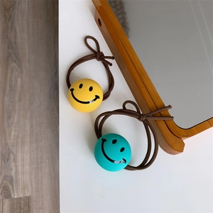 Cute high-elastic hair ties with yellow and green resin smiley face beads for women