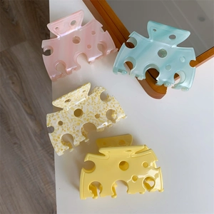 Lot de 4 pinces à cheveux design fromage évidé en acétate rose, bleu et jaune