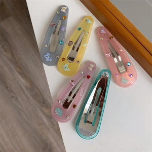 Five-piece set of resin butterfly hair clips with rhinestones in various pastel colors