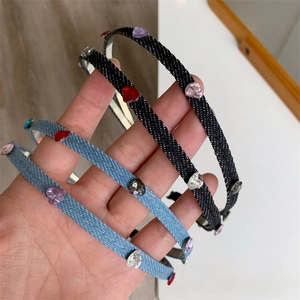 French vintage double-strand headband with heart rhinestones and denim texture fabric