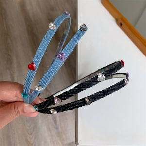 French Vintage Rhinestone Heart Denim Headband Women Sweet Denim Fabric Hair Hoop Heart Shaped Crystal Hair Accessories