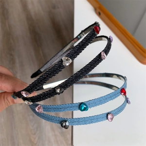 French vintage double-strand headbands with heart rhinestones on denim fabric