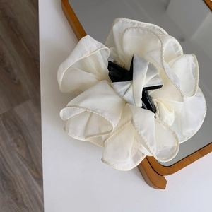 Elegant cream mesh ruffle floral hair claw clip in a minimalist Korean style aesthetic