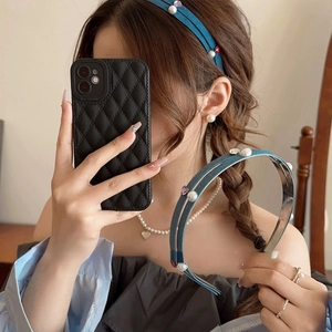 French vintage double-layer denim headband with pearls and rhinestones on a female model